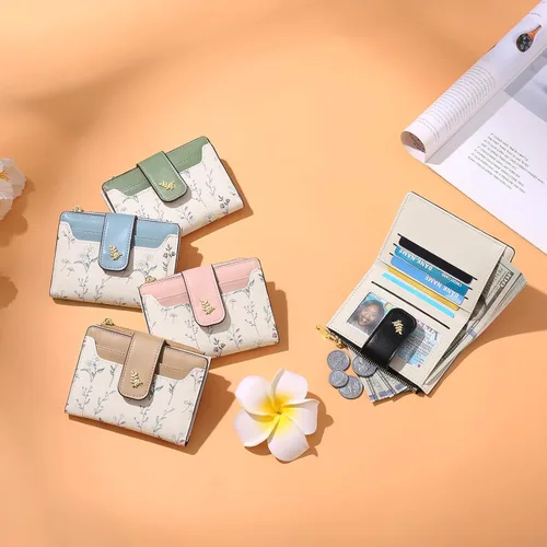 Vista 5 de Billeteras pequeñas para mujer, con bloqueo RFID, bolsillo con cremallera, tarjetero con ventana de identificación, Marrón, Slim