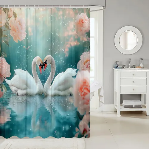 Vista 2 de Homewish Cortina de ducha con estampado de cisne en 3D, diseño de flores rosas, juego de cortina de ducha para niños y adultos, diseño romántico