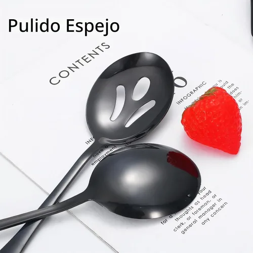 Vista 5 de Utensilios negros para servir, juego de 8 utensilios de acero inoxidable para servir, incluye cucharas de servir, tenedor de servir, cucharón