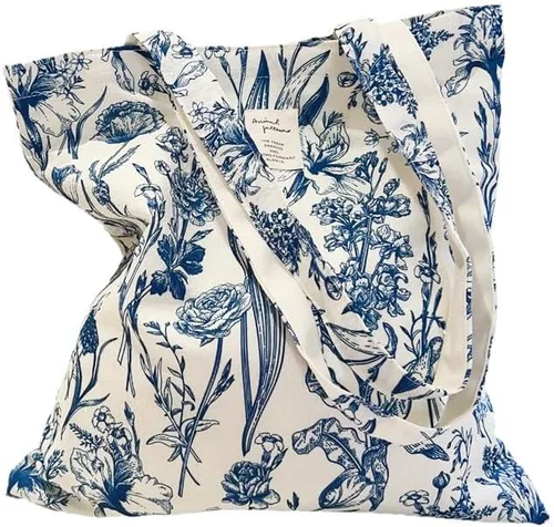 Vista 13 de Floral Canvas Tote Bag Double-Sided Printed Cloth Cotton Tote Floral Shoulder Bags for Beach Travel Shopping Grocery