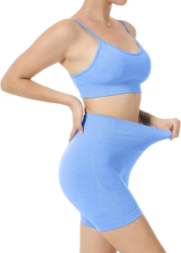 Vista 4 de JNINTH - Conjunto de yoga sin costuras para mujer, 2 piezas, brasier deportivo de entrenamiento, con pantalones cortos de cintura alta