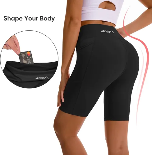 Vista 4 de APEXUP Pantalones cortos de entrenamiento, pantalones cortos de ciclismo de 8 pulgadas para mujer, cintura alta, pantalones cortos de yoga
