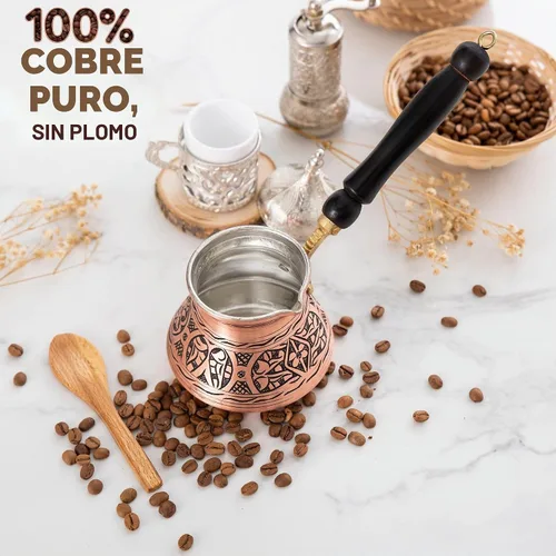 Vista 5 de Cafetera turca griega árabe de cobre de 12 onzas con mango de madera (4 tazas), Cezve, Ibrik, cafetera griega Briki, cafetera turca martillada