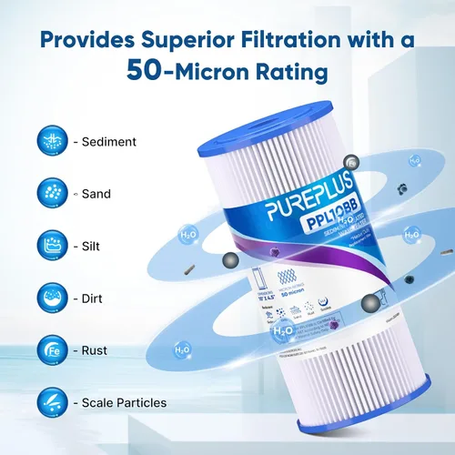 Vista 4 de PUREPLUS Filtro de sedimento plisado extra grueso de 10 x 4.5 pulgadas para agua de pozo, cartucho de repuesto para GE FXHSC, Culligan R50-BBSA