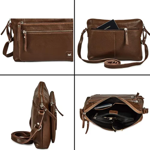 Vista 6 de Bolso cruzados pequeño y cartera de cuero auténtico granulado suave, bolso de hombro cruzado tipo bandolera de calidad prémium y triple cremallera