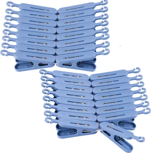 Vista 6 de Foshine Perchas plegables con clip, color azul, con 32 clips de secado, gancho a prueba de viento para ropa interior, calcetines, brasieres, ropa