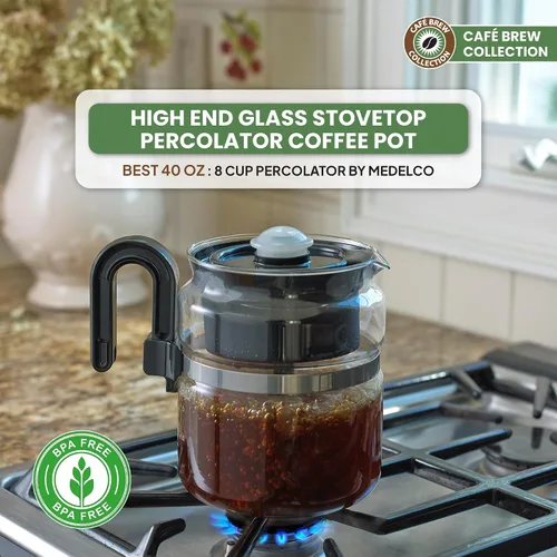 Vista 2 de Café Brew Collection Cafetera percoladora de vidrio de 8 tazas, percoladora de café de vidrio borosilicato, sin BPA, apta para lavavajillas