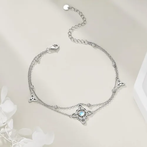 Vista 3 de VONALA Pulsera ajustable de plata de ley, diseño de nudo de bruja, doble círculo, libélula, mariposa, pulsera ajustable para verano, playa, cadena