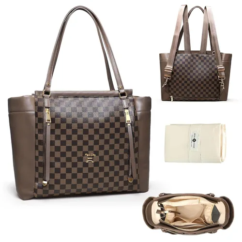 Vista 14 de miss fong Bolso de pañales de cuero con diseño a cuadros, mochila grande para mamá, bolsa hospitalaria de gran capacidad, 12 bolsillos, bolso