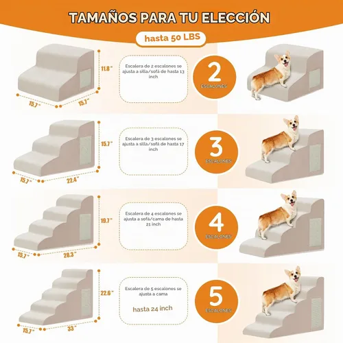 Vista 2 de Escaleras de perro para cama, escaleras para perros pequeños, rampa para perros de 2 peldaños para cama, sofá, sillón y sillas, diseño Beige