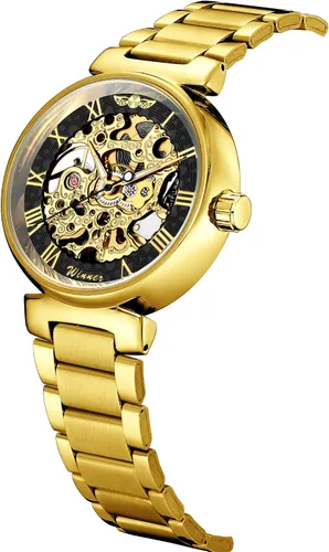 Vista 2 de Reloj esqueleto de pulsera automático estilo steampunk, manecillas luminosas de tono dorado, correa de cuero, 40mm, Negro dorado