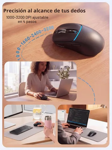 Vista 7 de RAPIQUE Ratón inalámbrico Bluetooth dual y receptor USB de 2.4 GHz, 4 niveles de DPI (1000-3200), recargable tipo C, clic silencioso, mouse compacto