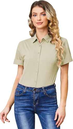Vista 6 de Camisas con botones para mujer, sin arrugas, ajustadas, manga corta, formal, sólidas, blusas