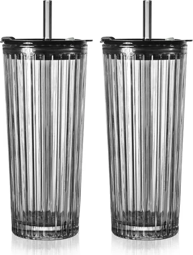 Vista 18 de Puraville Paquete de 2 vasos de vidrio de 18 onzas con tapas y pajitas, cristalería gruesa con patrón de diamante vintage para whisky, cóctel