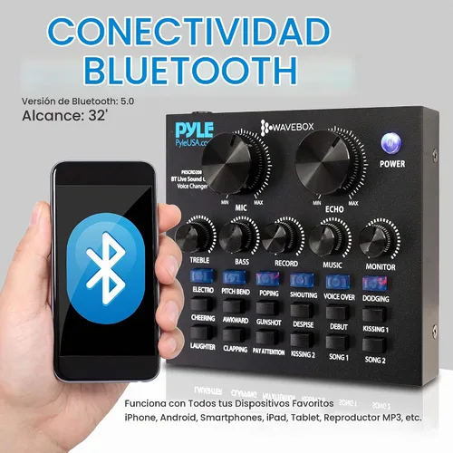 Vista 6 de Pyle Mini mezclador de podcast de audio Bluetooth - Transmisión en vivo para computadora de PC, iPhone, cambiador de voz, tarjeta de sonido V8