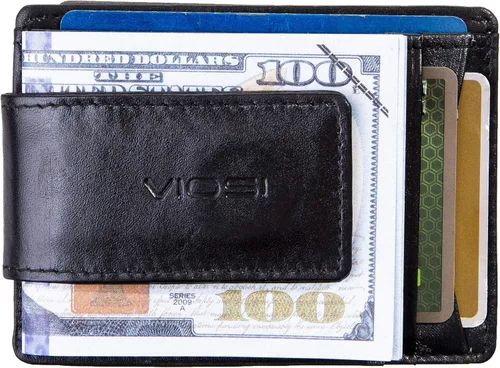 Vista 4 de Billetera con clip magnético con bolsa frontal de cuero de hombre, Viosi RFID, Negro