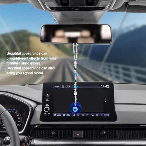 Vista 6 de Adorno colgante de auto de mal de ojo, dijes para espejo retrovisor, adorno turco hecho a mano, adorno colgante de mal de ojo azul de la suerte