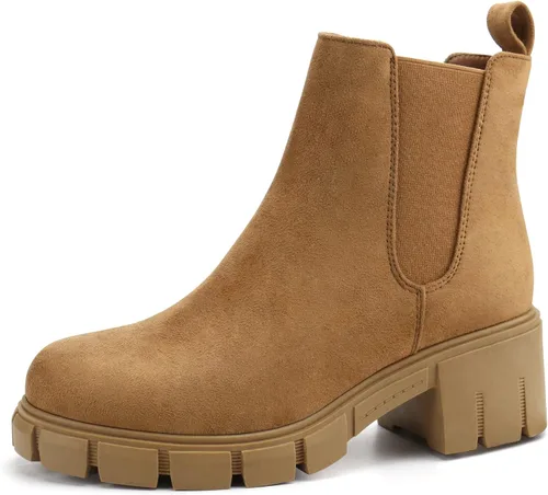 Vista 13 de starmerx Botines de plataforma para mujer, botas Chelsea elásticas, tacón medio, botines sin cordones