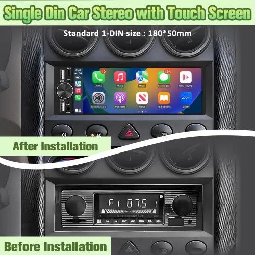 Vista 2 de Estéreo para automóvil Single Din de 6.36 pulgadas con CarPlay inalámbrico y Android Auto, unidad principal con pantalla táctil IPS con cámara