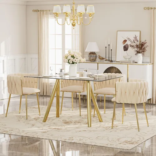 Vista 19 de Glam Style - Juego de mesa de comedor de 5 piezas para 4, mesa de comedor rectangular de vidrio templado de 51 pulgadas con base de metal dorado
