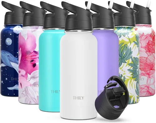 Vista 11 de THILY - Botella de agua deportiva aislada al vacío – Botella de agua de acero inoxidable de 32 onzas a prueba de fugas de boca ancha con tapa Mar