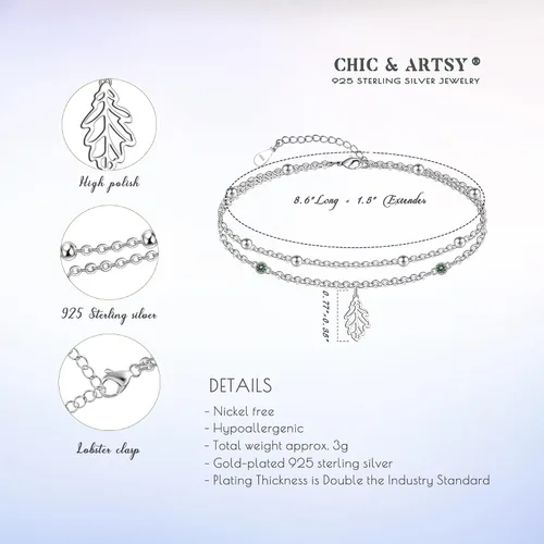 Vista 79 de CHIC & ARTSY Tobilleras delicadas de plata de ley S925 para verano, pulsera de tobillo ajustable multicapa para playa, joyería de pie para mujer