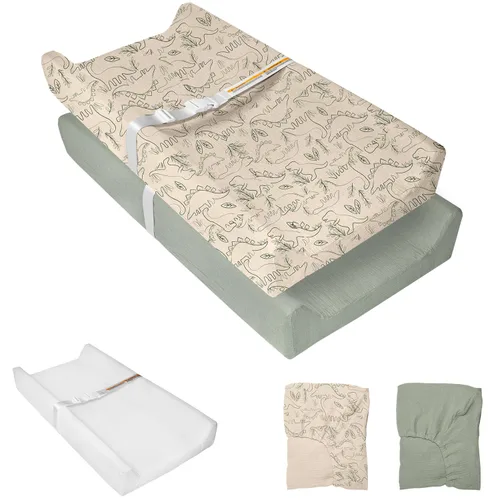 Vista 8 de Cambiador de muselina para bebé, paquete de 2 fundas de muselina de algodón suave y forro impermeable de espuma, almohadilla para mesa cambiadora