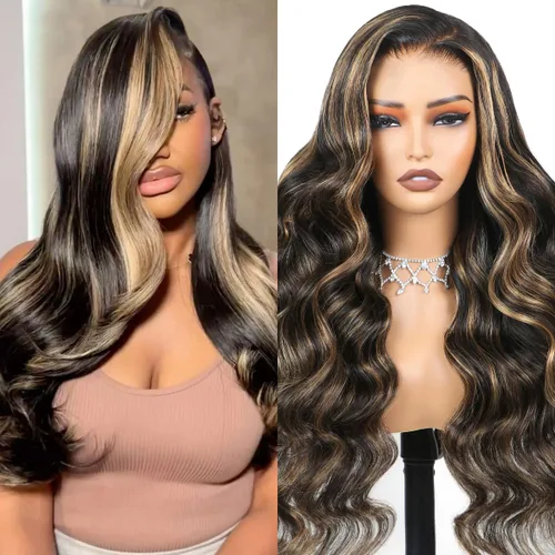 Vista 8 de Arabella - Pelucas de cabello humano sin pegamento de 6 x 5 con reflejos de encaje HD Balayage peluca de 18 pulgadas 1B/27 Ombre Lace Front Wigs