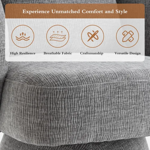 Vista 7 de Silla giratoria de 360°, moderna silla de barril de terciopelo con almohada, sofá individual tapizado para sala de estar, dormitorio, oficina. Gris