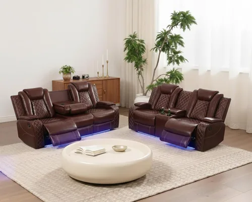 Vista 17 de Juego de sofá reclinable eléctrico con LED, juego de sofá de cuero transpirable para sala de estar, juego de sofá reclinable con puerto USB, Negro