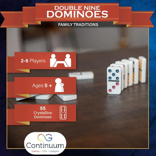 Vista 6 de Continuum Games Family Traditions - Juego de 9 dominó dobles – Juego de 55 piezas en lata de almacenamiento, dominó cristalino para niños y adultos