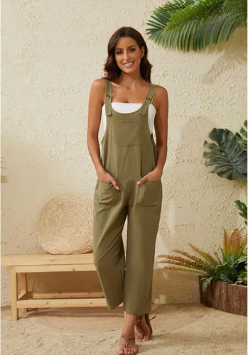 Vista 2 de Mannjin Overol casual de lino de algodón para mujer, con tirantes de botón, sin mangas, con bolsillo (0053-verde militar-L), Verde militar
