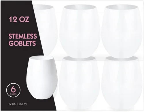 Vista 3 de Copas de vino de plástico sin tallo blancas de 12 onzas sin BPA, desechables y elegantes vasos para bebidas, para fiestas, bodas, recepciones, vasos