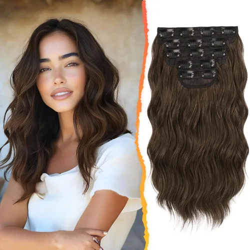 Vista 31 de BARSDAR Extensiones de cabello ondulado con clip negro marrón - 14 pulgadas, extensiones de cabello corto ondulado con clip para mujer - 5 piezas