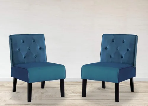 Vista 10 de Container Furniture Direct Reese - Silla moderna de mediados de siglo para sala de estar, sin brazos, con botones y patas de madera maciza, 2 azul