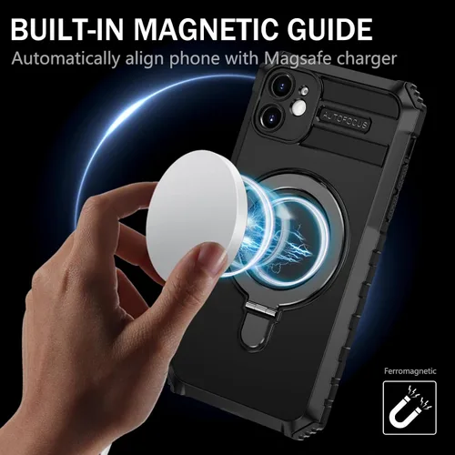 Vista 4 de Funda magnética para iPhone 11 [compatible con MagSafe] con 2 protectores de pantalla de vidrio templado con soporte de anillo, grado militar