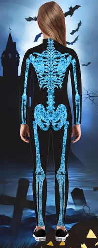 Vista 2 de TCHH - Disfraz de esqueleto de Halloween para niños y niñas, estampado 3D, talla 7 a 14 años