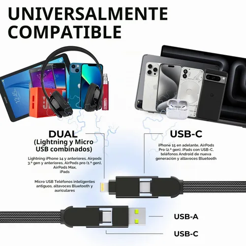 Vista 2 de Rolling Square inCharge XL - Cable de carga múltiple 6 en 1, cable USB portátil y USB-C con potencia de carga ultrarrápida de 100 W, 1 pie/0.3m Negro