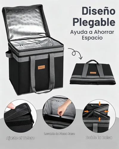 Vista 4 de Bolsas de comestibles reutilizables aisladas con tapa, bolsa enfriadora plegable con cierre de gancho y bucle, forro térmico, parte inferior Gris