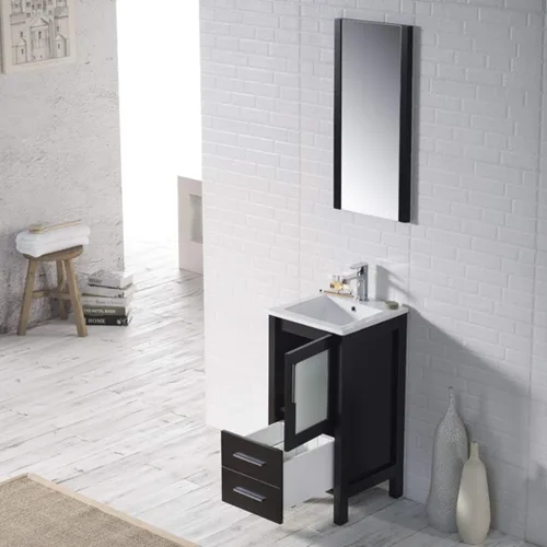 Vista 6 de Blossom Tocador de baño de madera maciza espresso de 16 pulgadas con fregadero, pequeño gabinete independiente con fregadero de cerámica y puerta