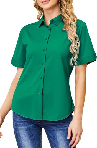 Vista 15 de Camisas con botones para mujer, sin arrugas, ajustadas, manga corta, formal, sólidas, blusas