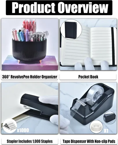 Vista 3 de Accesorios de escritorio negros, suministros de oficina, organizador de escritorio con soporte para bolígrafos de 360°, con dispensador de cinta