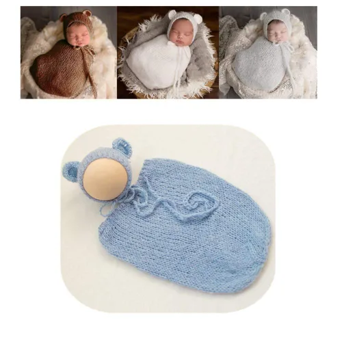 Vista 2 de Vemonllas Disfraz de bebé recién nacido de moda para niño y niña de punto con bolsa (azul claro)