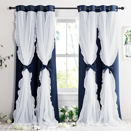 Vista 25 de PONY DANCE Cortinas con Volantes de Doble Capa con Superposición Transparente, Decoración Elegante para Ventanas de Diseño Rústico Francés de Campo