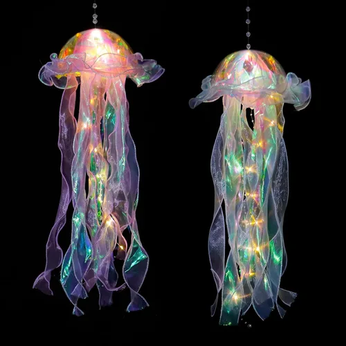 Vista 2 de Medusa iridiscente con purpurina para colgar, kit de medusas azules y moradas para decoración de fiesta de sirenita bajo el mar, decoración
