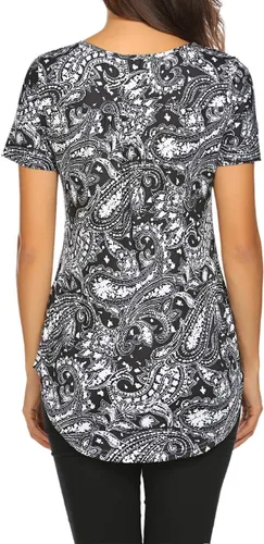 Vista 5 de Blusón plisado de manga corta con estampado floral y cuello Henley en V para mujer, con vuelo.