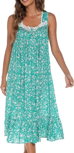 Vista 13 de AVIIER Camisones de algodón para mujer, sin mangas, vestido de casa largo con bolsillos, S-XXL Flor negra
