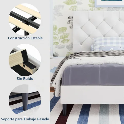 Vista 7 de BarnFurin Marco de Cama Twin, Cama Plataforma Tapizada con Cabecera con Botones Capitoné, Marco de Cama de Tela con Soporte de Listones de Madera