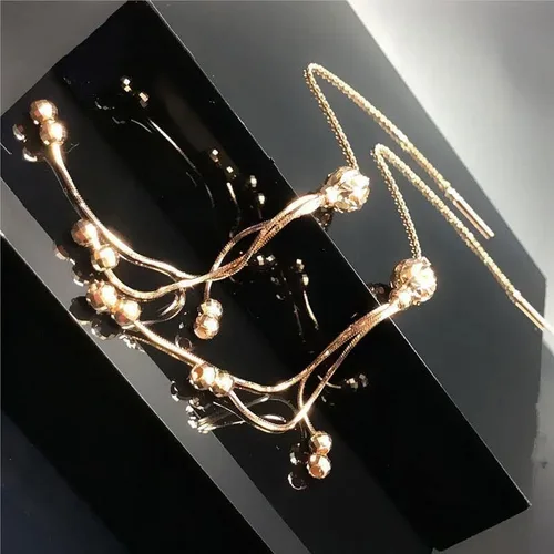 Vista 4 de SAGEKING 2024 New 585 Purple Gold Plated 14K Rose Gold New Double Round Bead Soft Chain Tassel Long Drop Earrings For Women Luxury Classic Jewelry