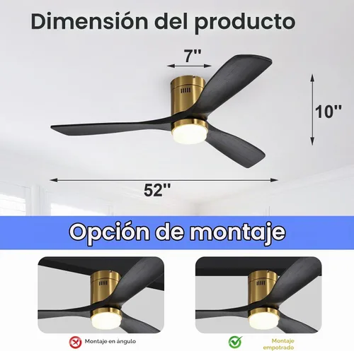 Vista 6 de Sofucor - Ventilador de techo de 52 pulgadas con luces, ventilador de techo empotrado negro para interiores/exteriores con control remoto de luz